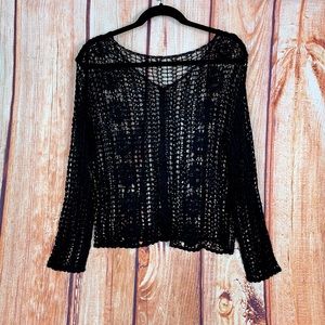 Black Web Open Knit Bohemian Floral Weave Button Up Cardigan Sweater Ac87